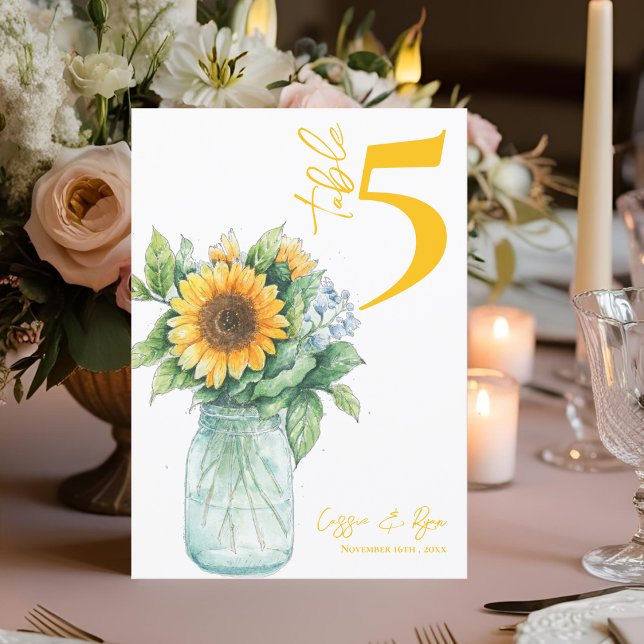 Rustikale Sonnenblume Mason Jar Wedding Tischnumme Dankeskarte (Rustic Sunflower Mason Jar Wedding Table Number)