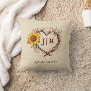 Rustikale Sonnenblume Monogram Hochzeitenkissen Kissen