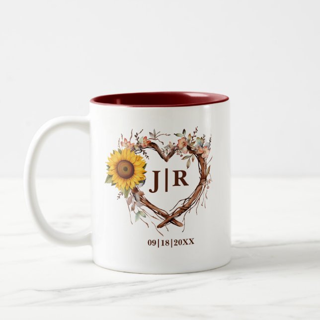 Rustikale Sonnenblume Monogram-Hochzeitszweig Zweifarbige Tasse (Links)