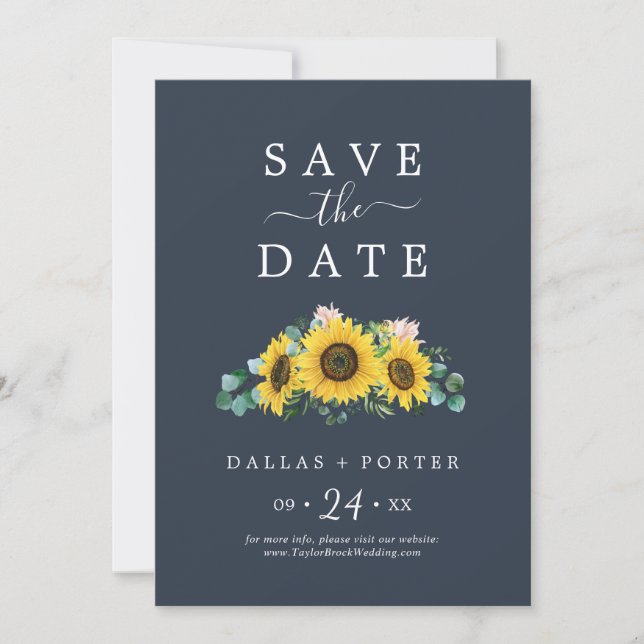 Rustikale Sonnenblume | Navy Save the Date Card (Vorderseite)