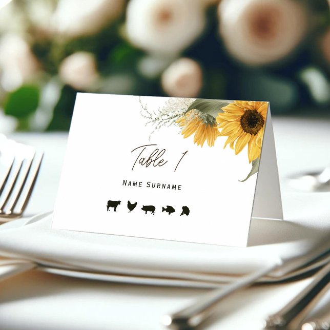 Rustikale Sonnenblume, Platzkarte mit gastronomisc (Sunflower tented place cards with meal options.)