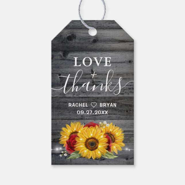 Rustikale Sonnenblume Rote Rose Danke Gastgeschenk Geschenkanhänger (Vorderseite)