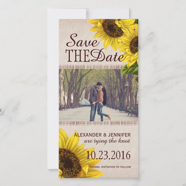 Rustikale Sonnenblume Save the Date Foto Cards (Vorderseite)
