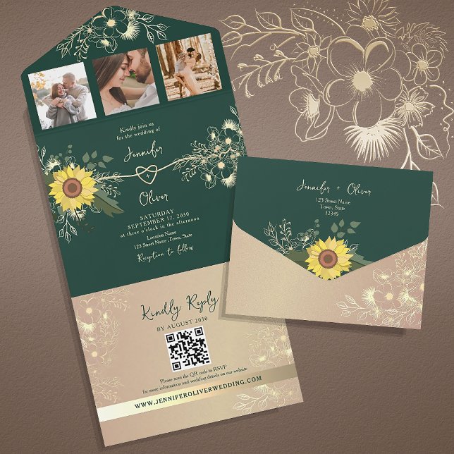 Rustikale Sonnenblume Smaragdgrüne Hochzeit All In One Einladung (Von Creator hochgeladen)