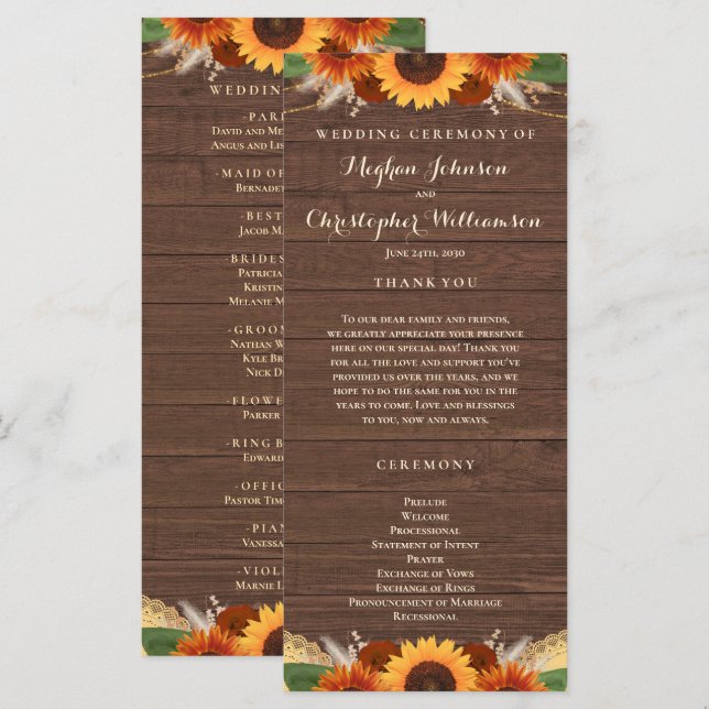 Rustikale Sonnenblume Terracotta Rose Boho Wedding Programm (Vorne/Hinten)