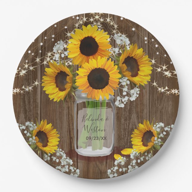Rustikale Sonnenblume und Mason Jar Wedding Pappteller (Vorderseite)