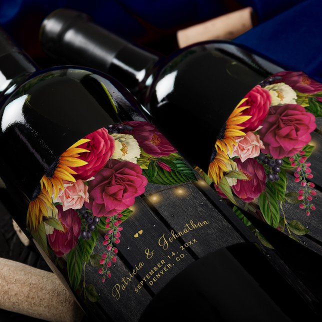 Rustikale Sonnenblume und Rose personalisierte Hoc Weinetikett (Von Creator hochgeladen)