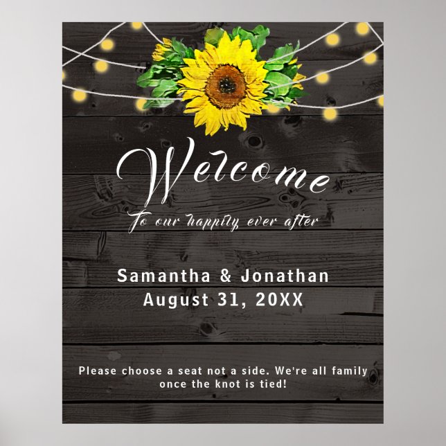 Rustikale Sonnenblume w Lights Wedding Poster (Vorne)