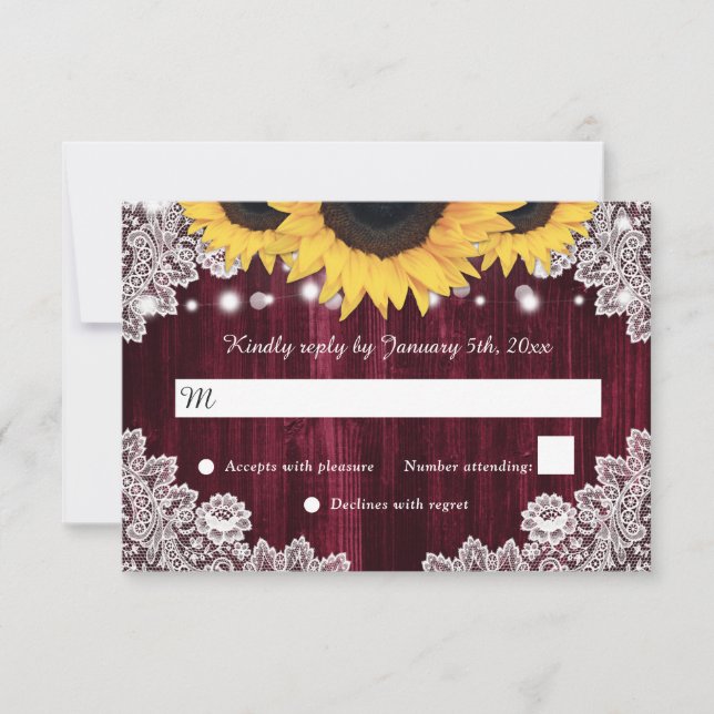 Rustikale Sonnenblume Wood Burgundy Wedding RSVP Karte (Vorderseite)