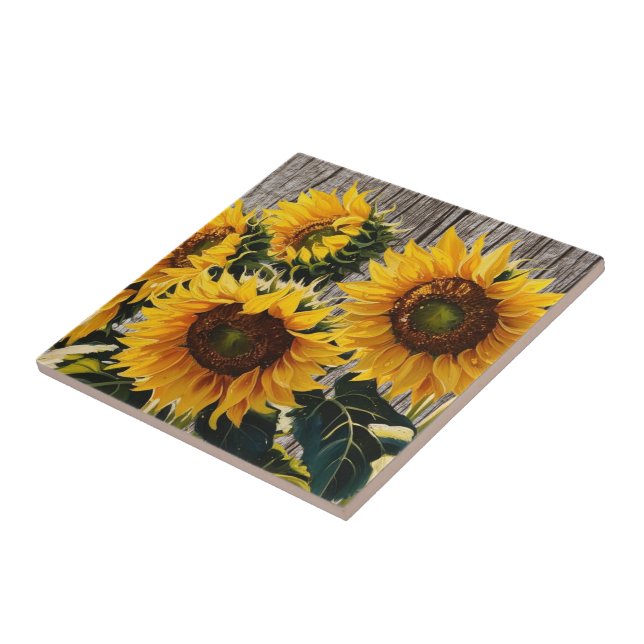 Rustikale Sonnenblumen auf der Tafel Print Fliese (Seite)