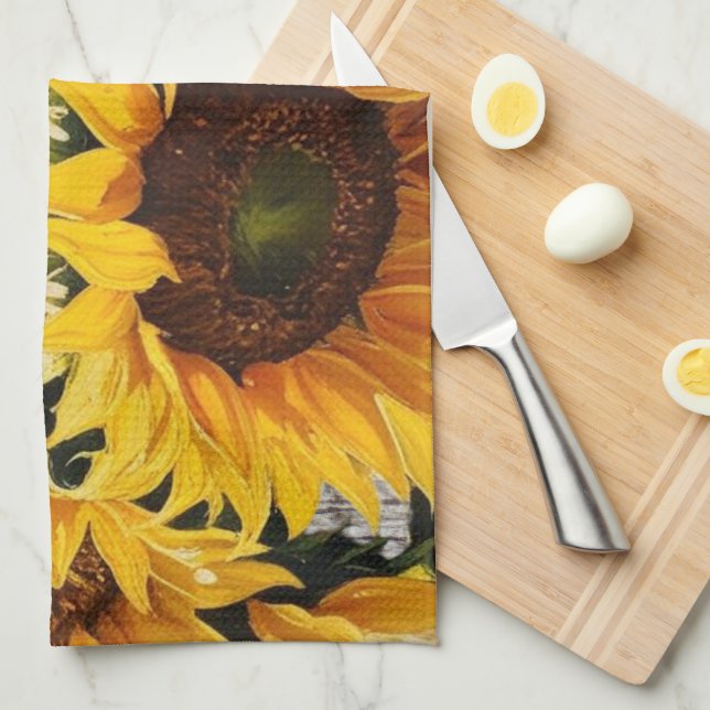 Rustikale Sonnenblumen auf der Tafel Print Geschirrtuch (Viertel Falte)