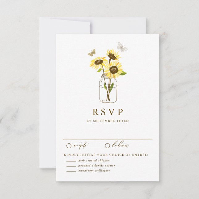 Rustikale Sonnenblumen auf einer Mason Jar Wedding RSVP Karte (Vorderseite)
