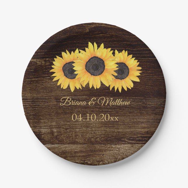 Rustikale Sonnenblumen auf Holzplatten Pappteller (Vorderseite)