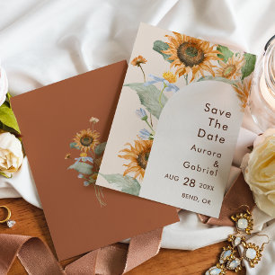 Rustikale Sonnenblumen-Beige-Bogen-Hochzeit-Flat Save The Date