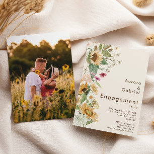 Rustikale Sonnenblumen-Beige-Foto-Verlobungsfeier Einladung
