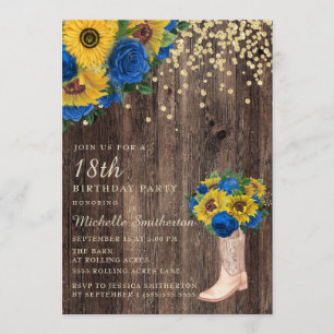 Rustikale Sonnenblumen Blaue Rosen Stiefel 18. Geb Einladung