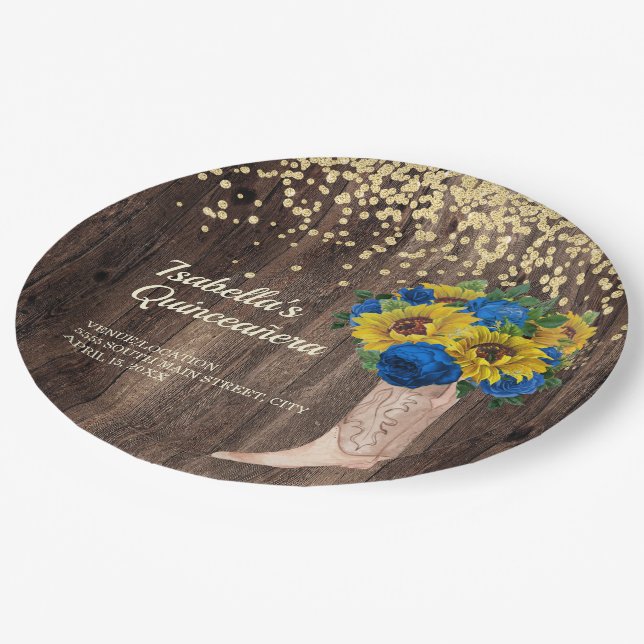 Rustikale Sonnenblumen Blauen Rose Stiefel Quincea Pappteller (Schrägansicht)