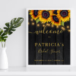 Rustikale Sonnenblumen Brautparty Begrüßungszeiche Poster<br><div class="desc">Elegantes rustikales Brautparty,  stilvolles Willkommensschild-Plakat auf dunklem Stallholz mit einem wunderschönen Sonnenblumenstrauß und einer modernen Kalligraphie-Schrift. Einfach mit Ihren Daten personalisieren. Sie können sich für weitere,  sich ändernde Schriftart und Schriftfarben entscheiden:             Es eignet sich für elegante Sommer- oder Herbstferien rustikale Landhausstall oder Garten Garten Hinterhof Polterabend Party.</div>