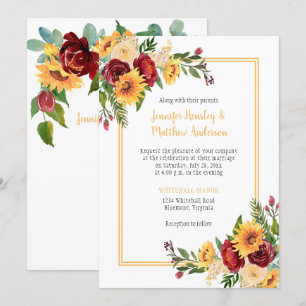 Rustikale Sonnenblumen & Burgunder-Rose Hochzeit Einladung