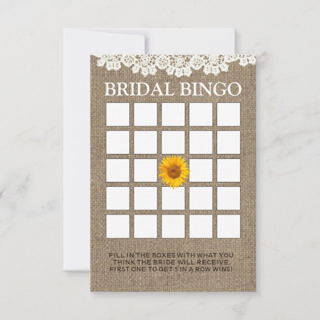 Rustikale Sonnenblumen Burlap Brautparty Bingo Car (Vorderseite)