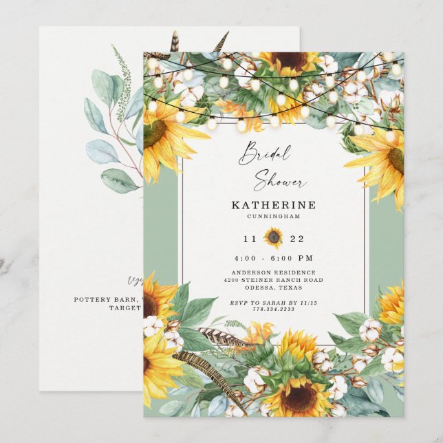 Rustikale Sonnenblumen Burst String Lights Bridal Einladung (Vorne/Hinten)