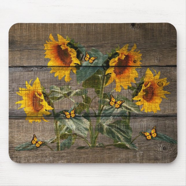 Rustikale Sonnenblumen Butterfische Barnboard Mousepad (Vorne)