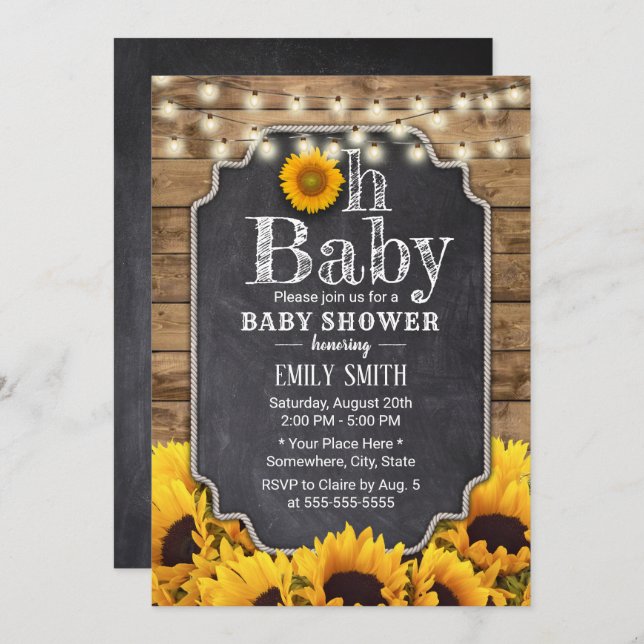 Rustikale Sonnenblumen Chalkboard Babydusche Einladung (Vorne/Hinten)
