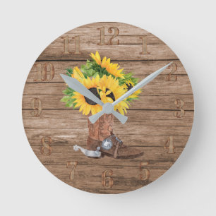 Rustikale Sonnenblumen Cowboy Boot Wood Süd leben Runde Wanduhr