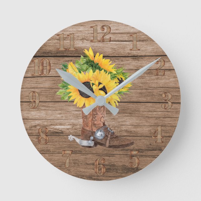 Rustikale Sonnenblumen Cowboy Boot Wood Süd leben Runde Wanduhr (Vorderseite)