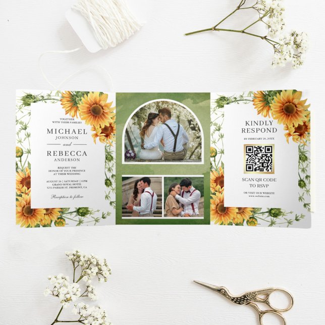 Rustikale Sonnenblumen Foto Arch QR Code Hochzeit Dreifach Gefaltete Einladung (Von Creator hochgeladen)