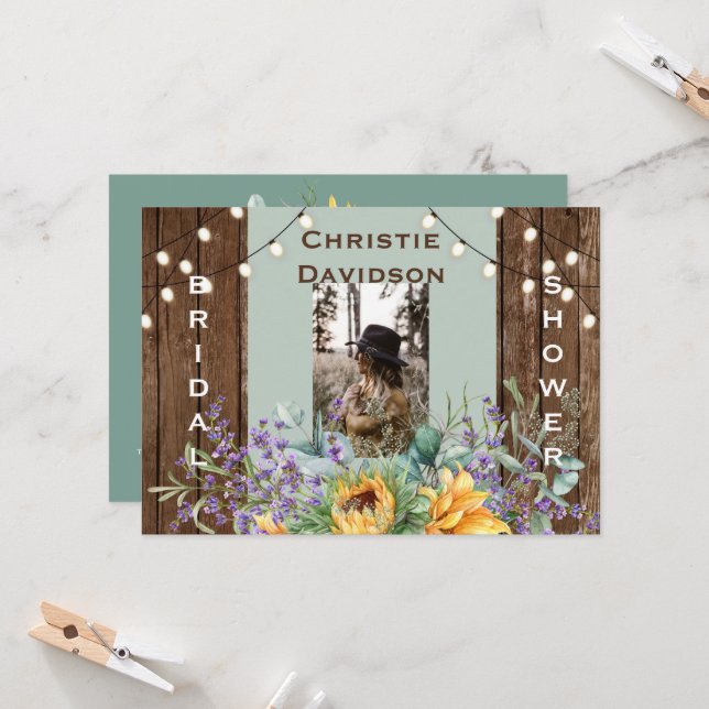 Rustikale Sonnenblumen Foto Brautparty Einladung (Vorderseite/Rückseite Beispiel)