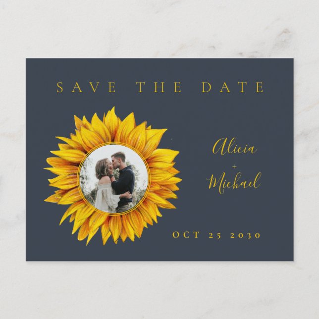 Rustikale Sonnenblumen Foto Hochzeit speichern das Ankündigungspostkarte (Vorderseite)