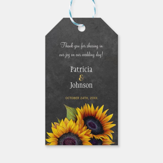 Rustikale Sonnenblumen Gastgeschenk Hochzeit Geschenkanhänger (Vorderseite)