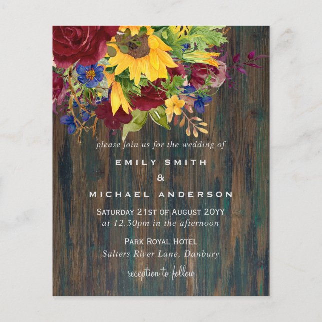 Rustikale Sonnenblumen Gelbe Burgunder Blumenzehen (Vorderseite)