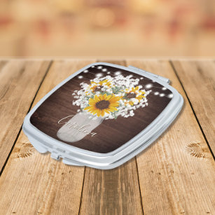Rustikale Sonnenblumen Gipskraut Mason Jar Wedding Taschenspiegel