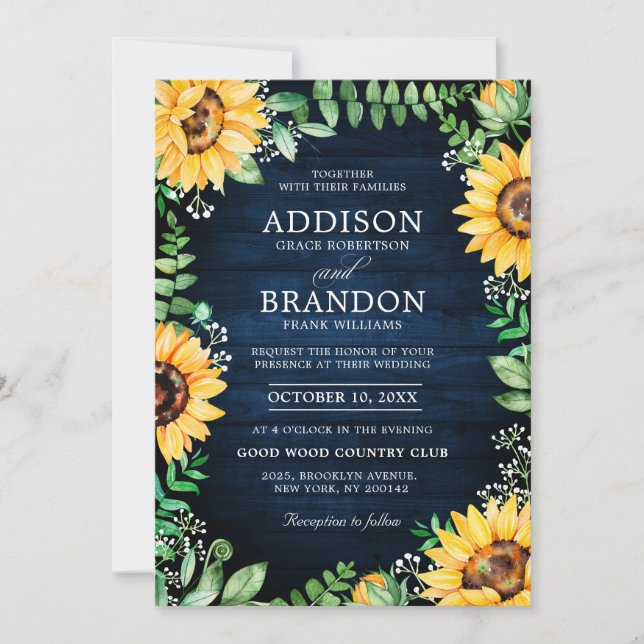 Rustikale Sonnenblumen Gipskraut Navy Blue Wedding Einladung (Vorderseite)