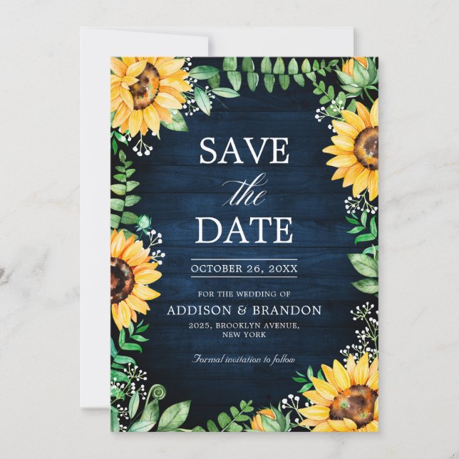 Rustikale Sonnenblumen Gipskraut Navy Blue Wedding Save The Date (Vorderseite)