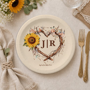 Rustikale Sonnenblumen-Herz-Monogramm-Hochzeit Pappteller