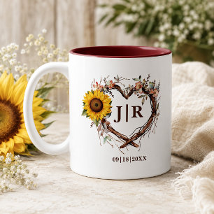 Rustikale Sonnenblumen-Herz-Monogramm-Hochzeit Zweifarbige Tasse