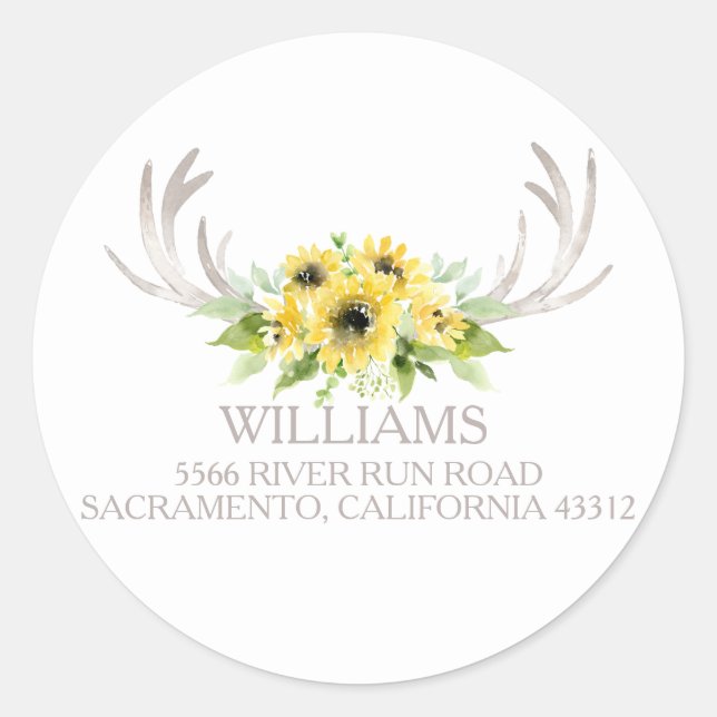 Rustikale Sonnenblumen Hirschgewächse Rücksendeadr Runder Aufkleber (Vorderseite)