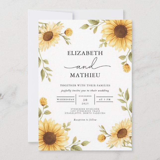 Rustikale Sonnenblumen-Hochzeit Einladung (Vorderseite)