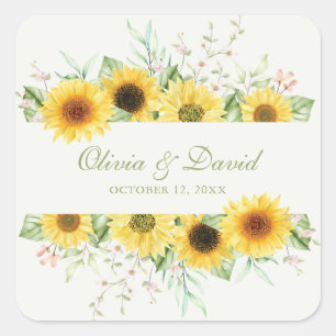 Rustikale Sonnenblumen-Hochzeit Freude Quadratischer Aufkleber