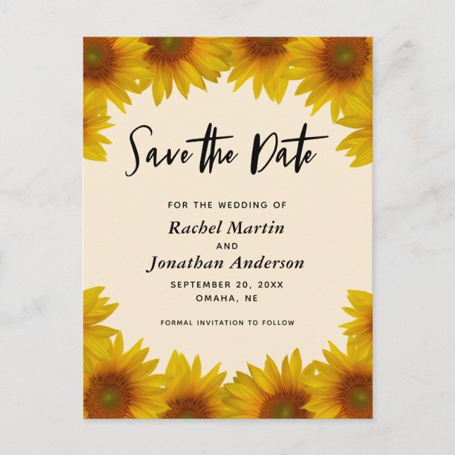 Rustikale Sonnenblumen Hochzeit retten das Datum Postkarte (Vorderseite)