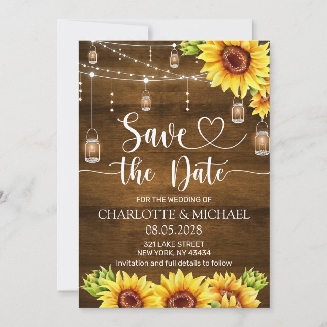 Rustikale Sonnenblumen-Hochzeit "Save the Date" Einladung (Vorderseite)