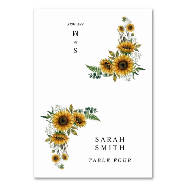 Rustikale Sonnenblumen-Hochzeitsplatzkarten Tischnummer (Vorderseite)