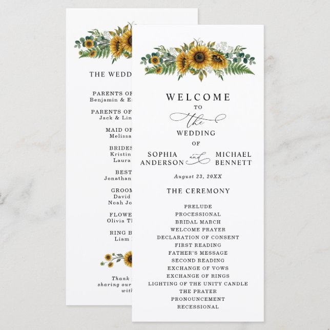 Rustikale Sonnenblumen-Hochzeitsprogramm Programm (Vorne/Hinten)