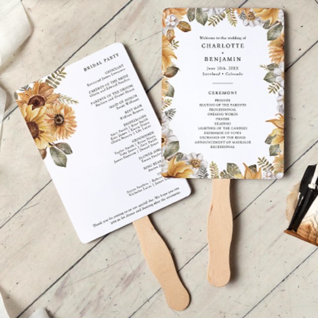Rustikale Sonnenblumen-Hochzeitsprogramme Fächer (Rustic Sunflower Wedding Programs Hand Fan by Painted Paperie
)
