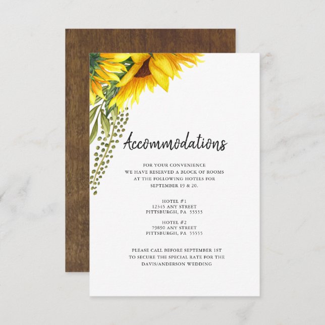 Rustikale Sonnenblumen | Hochzeitsunterkünfte Begleitkarte (Vorne/Hinten)