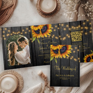 Rustikale Sonnenblumen-Holz-Foto-QR-RSVP-Hochzeit Dreifach Gefaltete Einladung