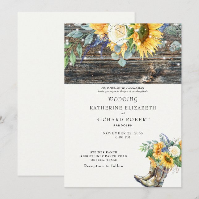 Rustikale Sonnenblumen Holz Stiefel & Lights Einladung (Vorne/Hinten)